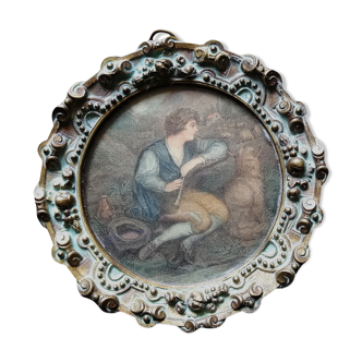Miniature painting on paper, 19th century bronze frame