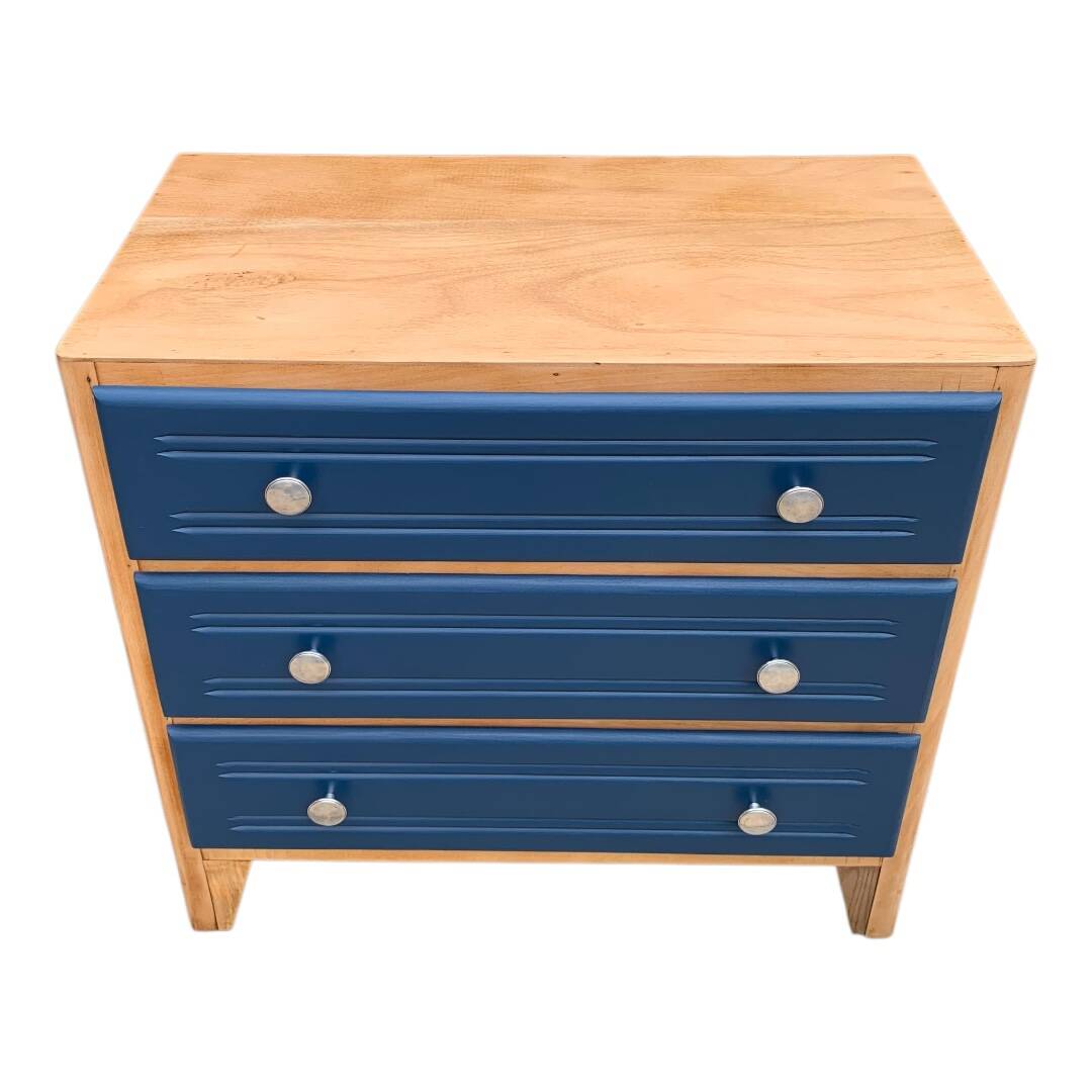 Art Deco chest of drawers in raw wood and blue, 1940
