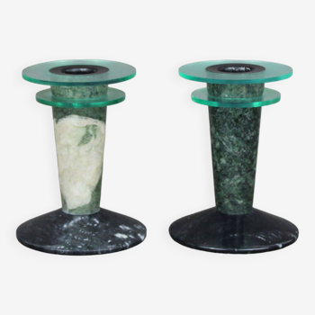 Pair of post modern candlesticks in marble & plexiglass 1980, Vintage 80s, Designer decoration