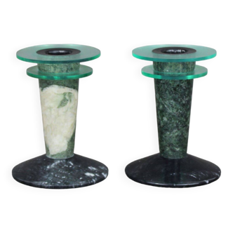 Pair of post modern candlesticks in marble & plexiglass 1980, Vintage 80s, Designer decoration