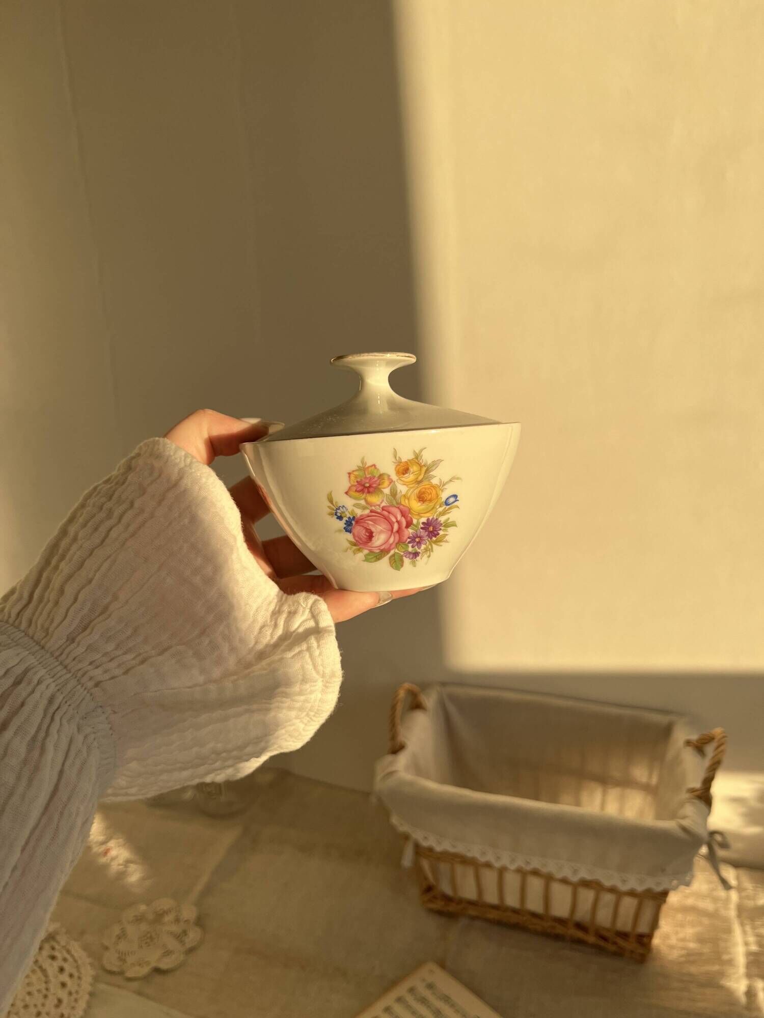 Vintage white porcelain sugar bowl and cottage core floral pattern