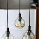 1970s teak, chrome metal and glass 3-globe pendant chandelier