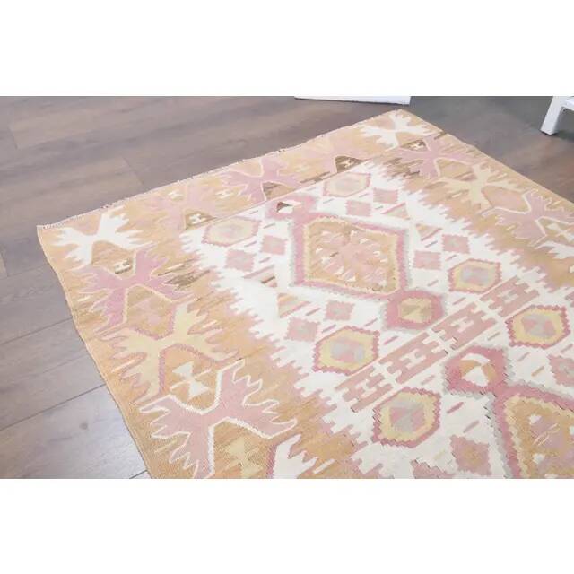Vintage Turkish Oushak handmade cotton pink wool kilim area rug 120x165