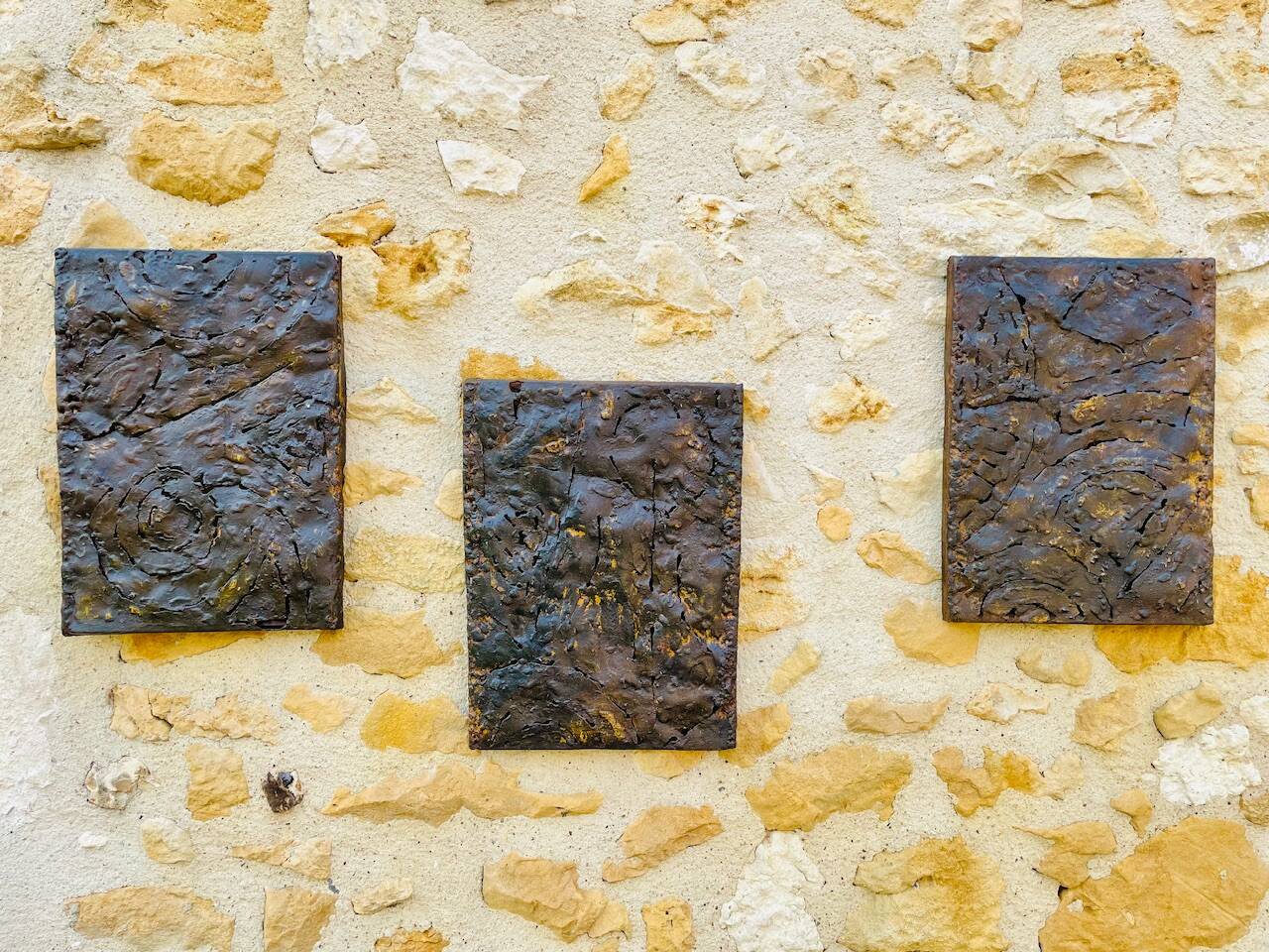 Set of three brutalist wall sculptures, by Irv Bramberg, vintage