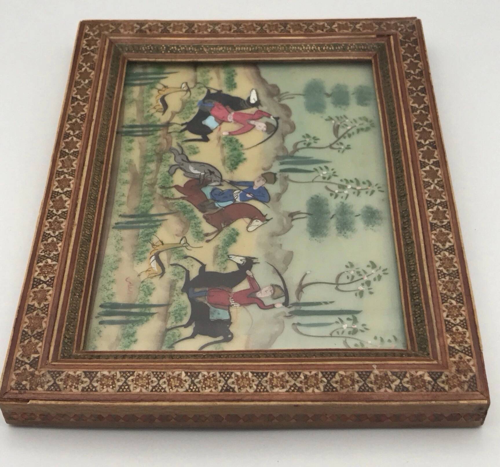 Ancient Indo-Persian painting with wooden mosaic frame