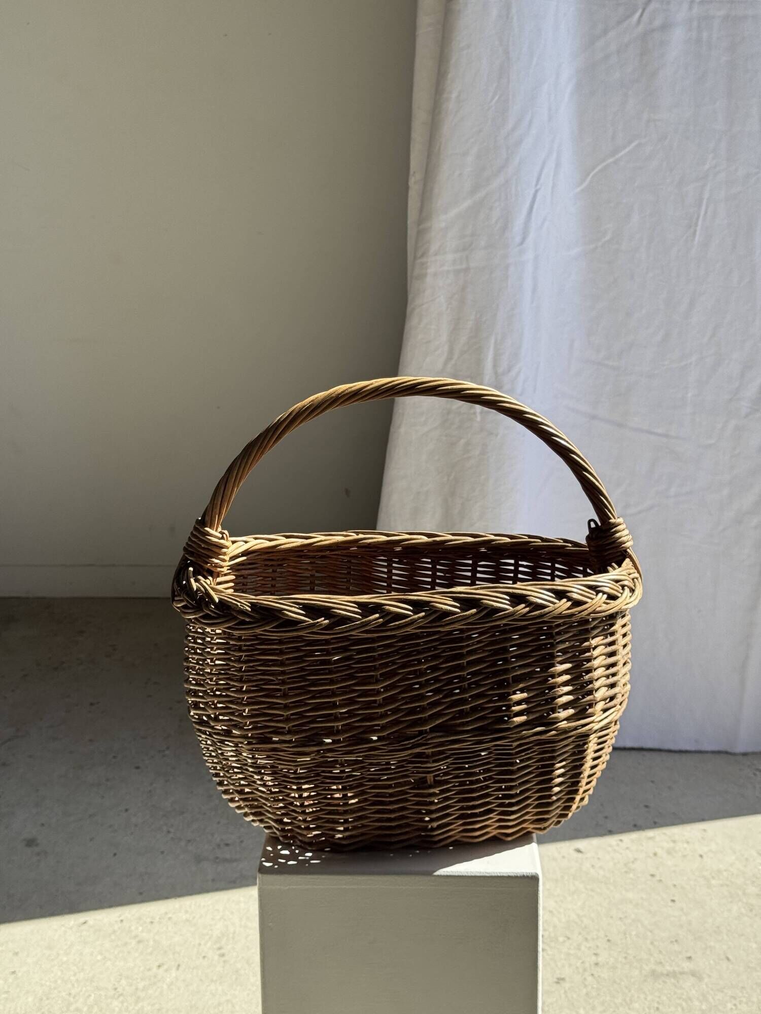Large antique woven wicker basket with handle H45 L43 D25