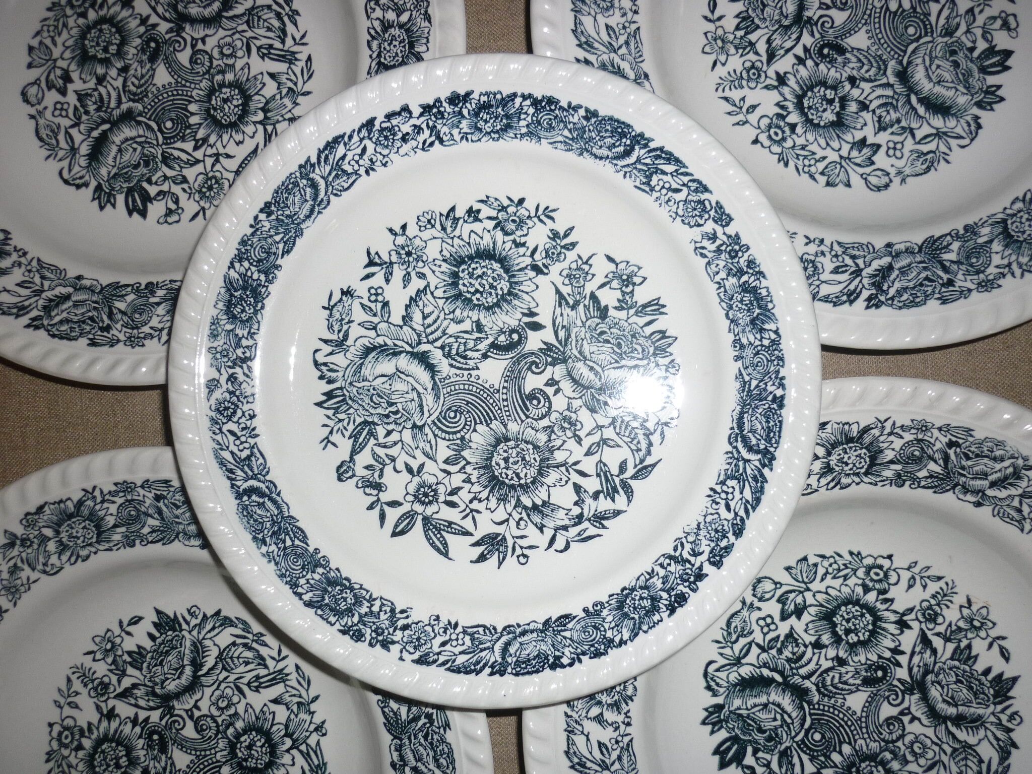 5 antique white and blue ceramic plates