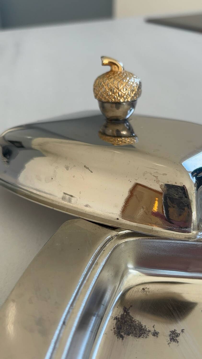 Vintage silver-plated butter dish with golden hazelnut - retro elegance
