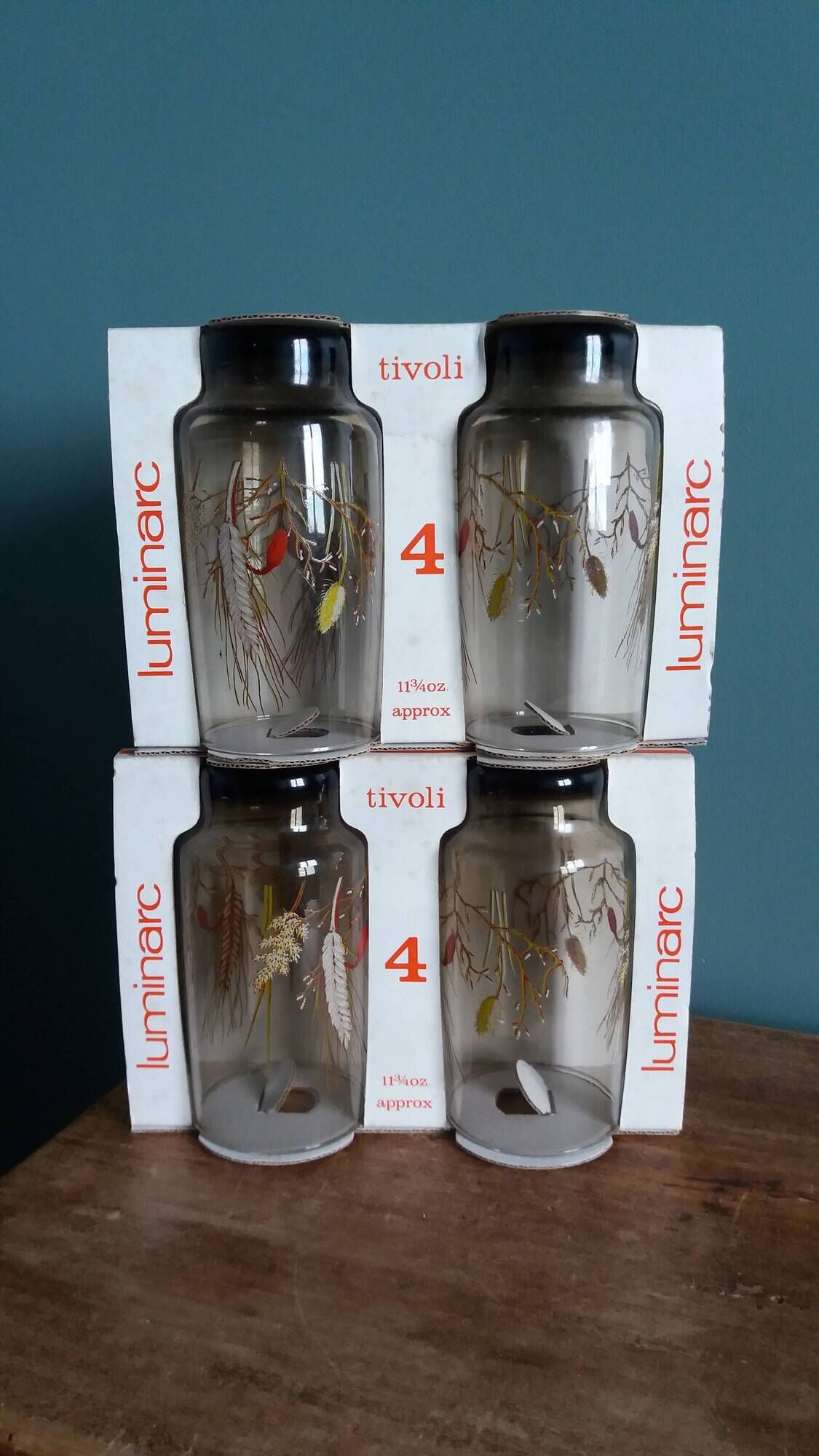 Verres Luminarc Tivoli set of 8, large amber glasses with a grass motif.