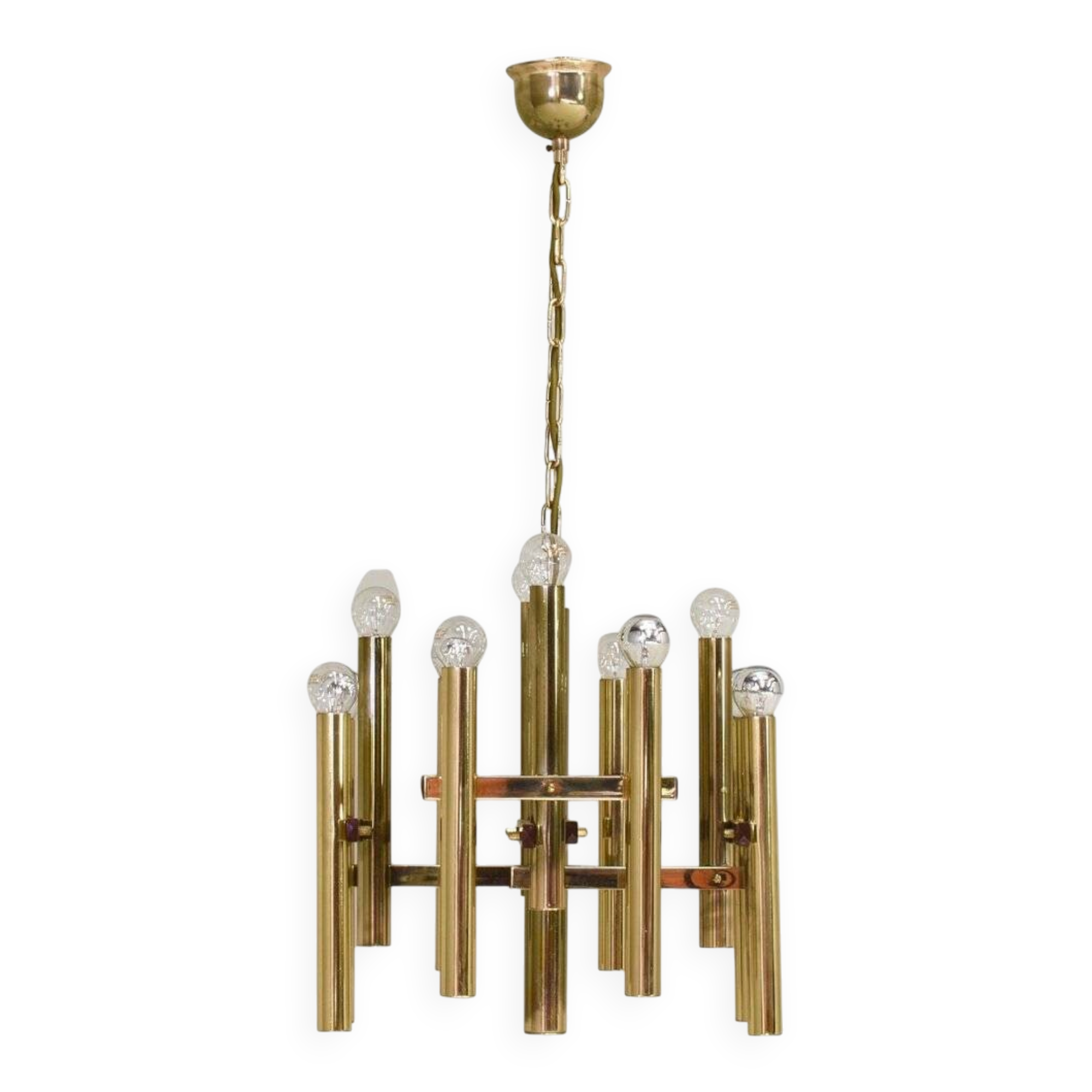 Italian brass chandelier 12 spot pendant lamp by Gaetano Sciolari, 1970s