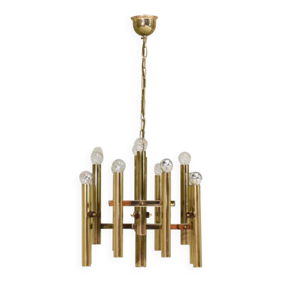 Suspension en laiton italien à 12 spots par Gaetano Sciolari, années 1970.