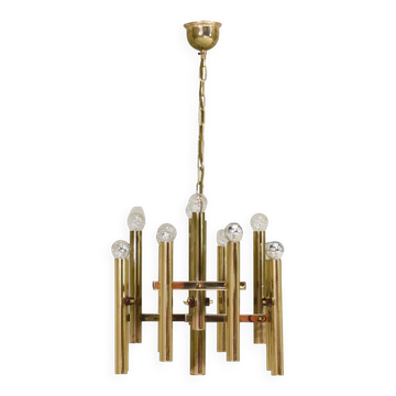 Italian brass chandelier 12 spot pendant lamp by Gaetano Sciolari, 1970s