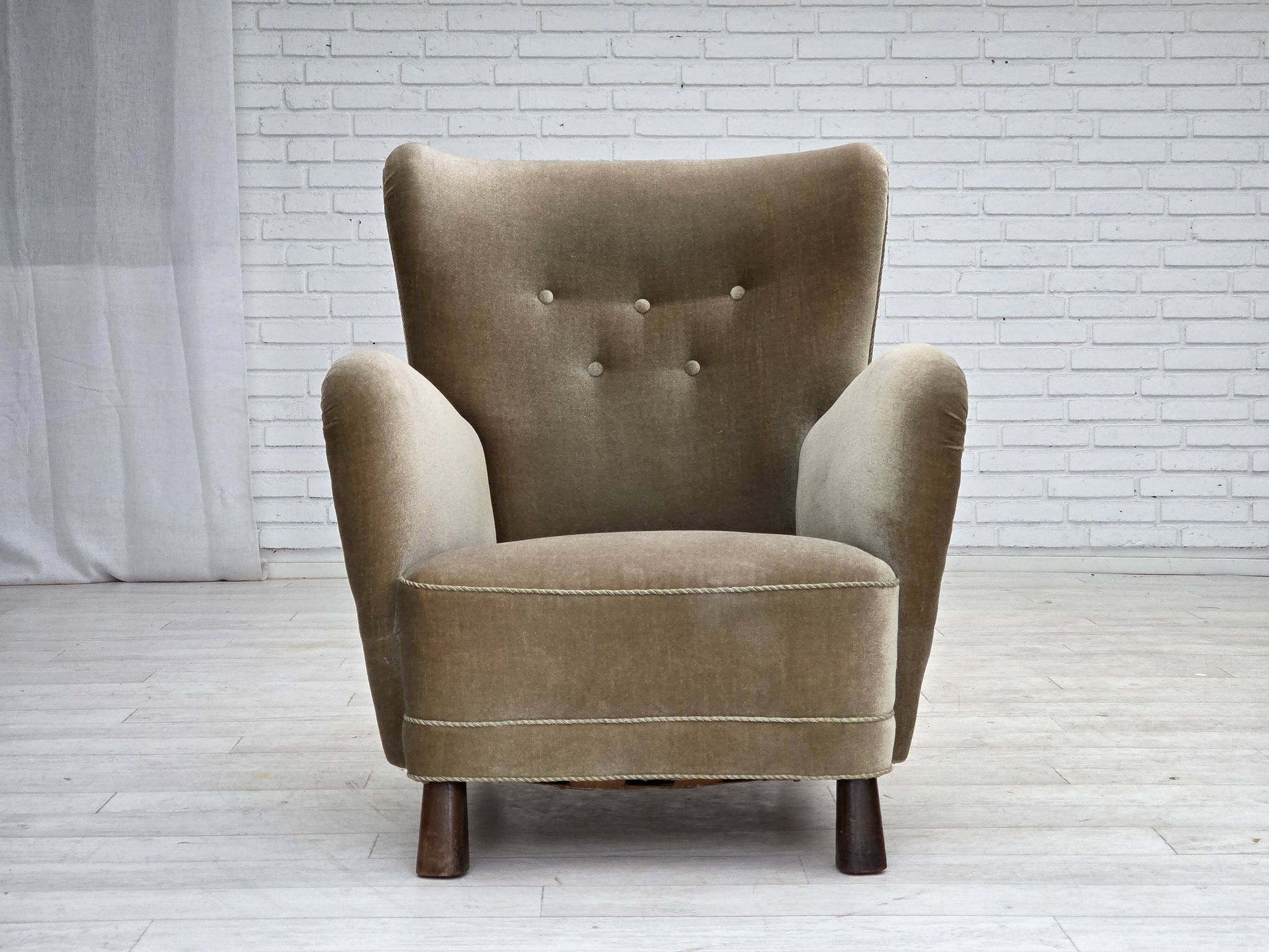 1960s, Danish armchair, green furniture velour, oak wood legs.