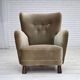 1960s, Danish armchair, green furniture velour, oak wood legs.