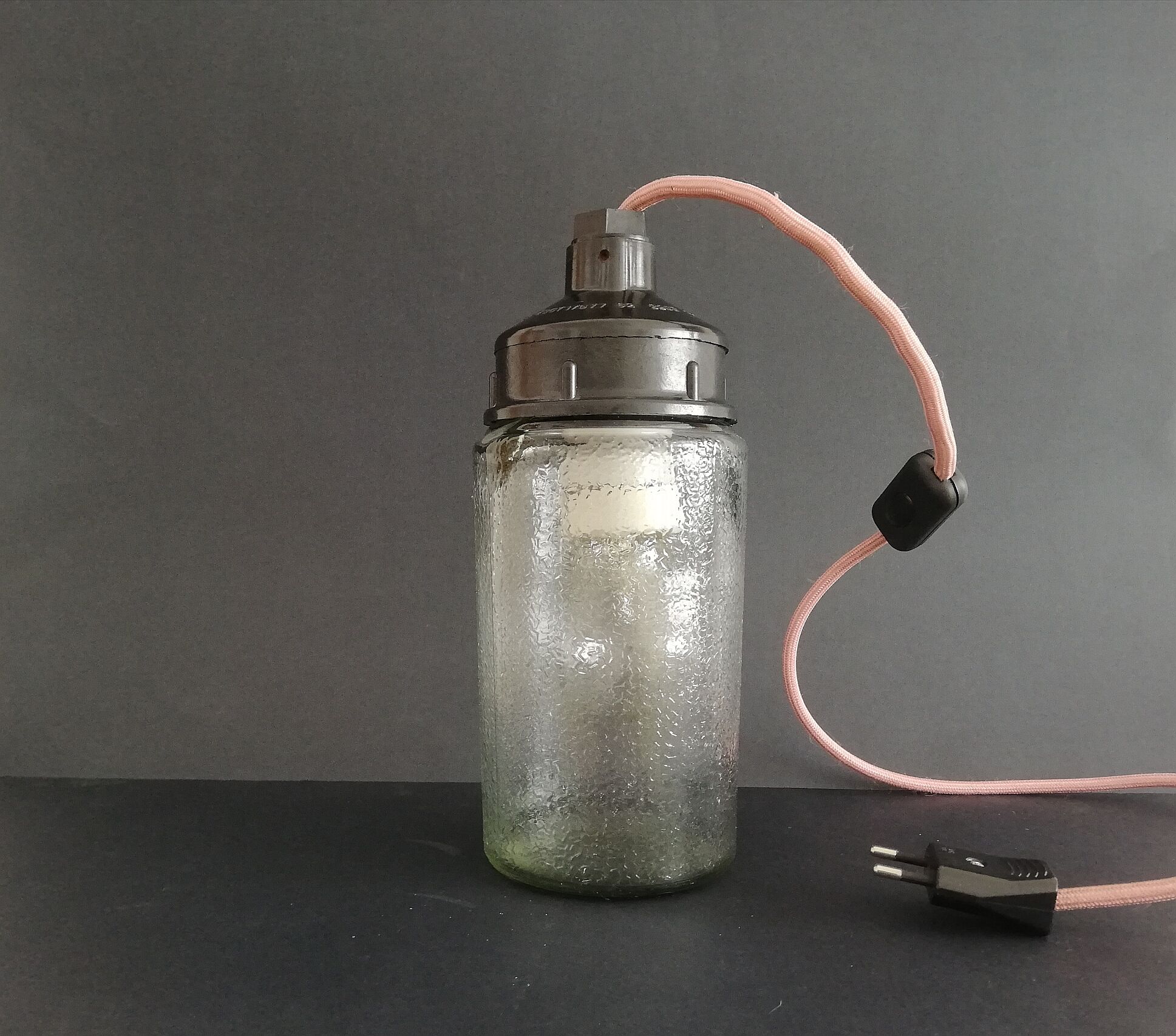 1990s Russian Soviet glass mason jar table lamp lantern Industrial