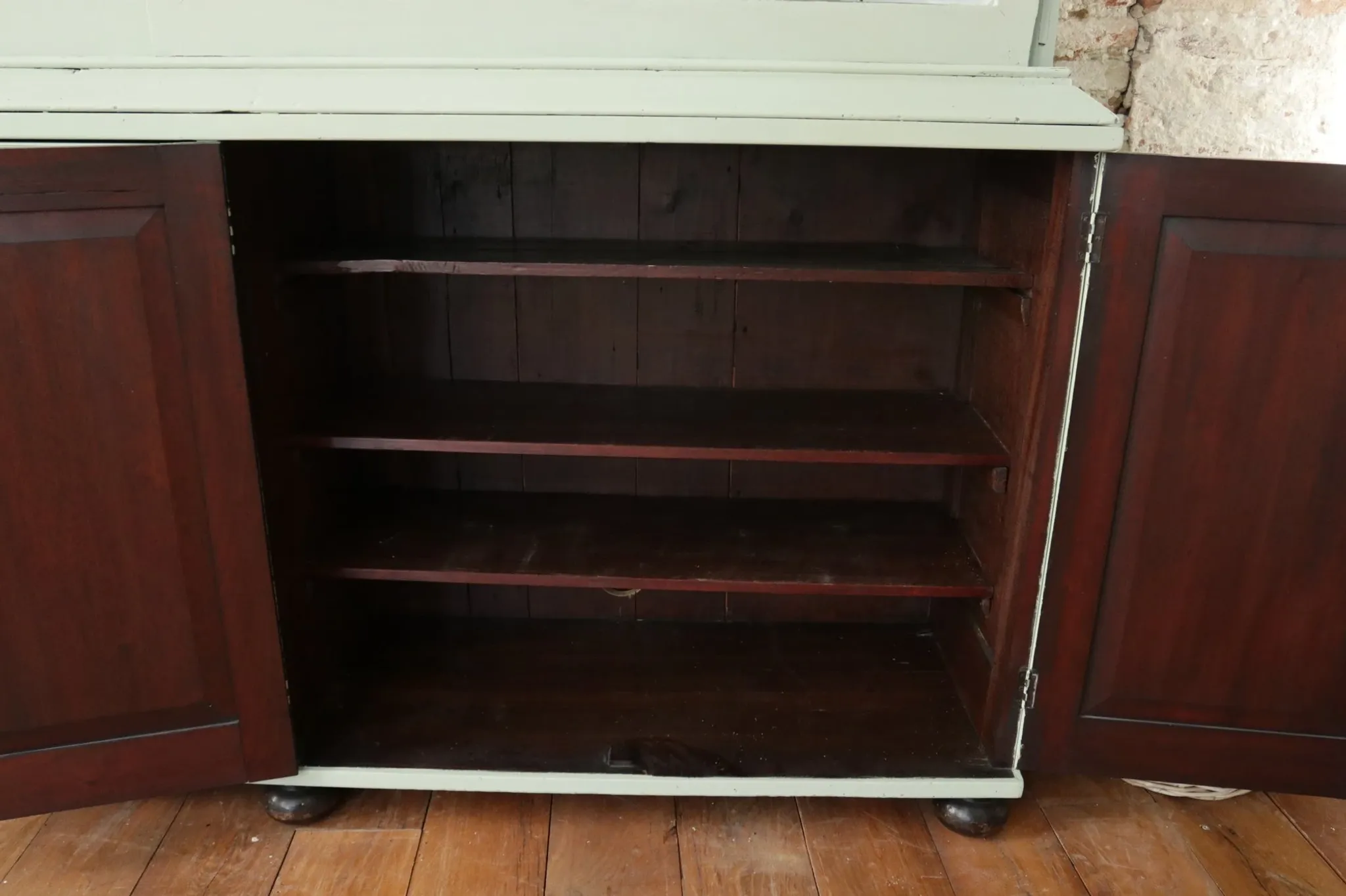 Large green display cabinet with sliding doors – two-part buffet, 219 cm