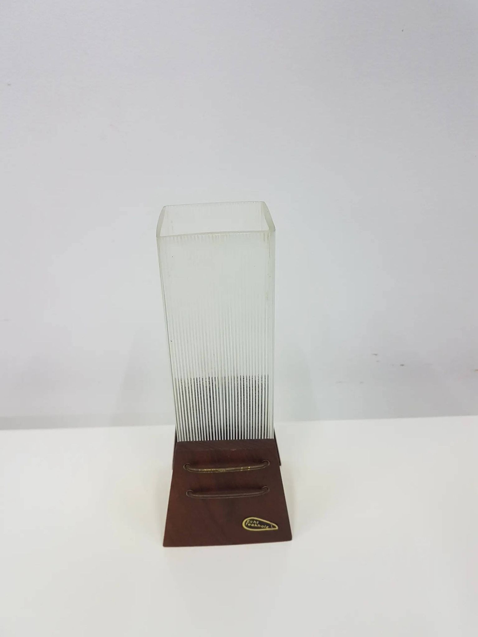 Candle holder, brown teak, clear glass, Denmark, 1960s.