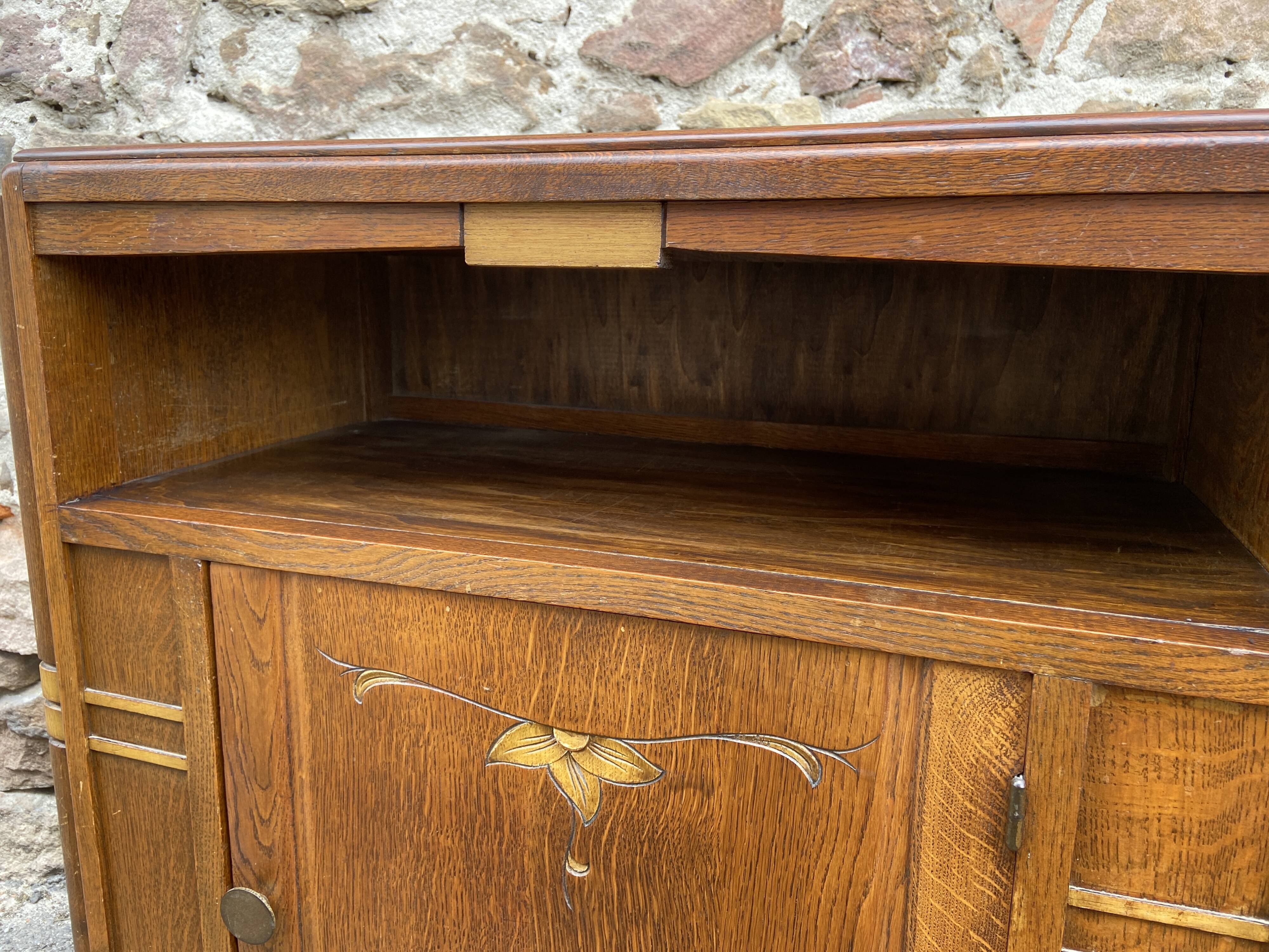 small Art Deco Parisian mid-century vintage 1950 oak sideboard with backsplash