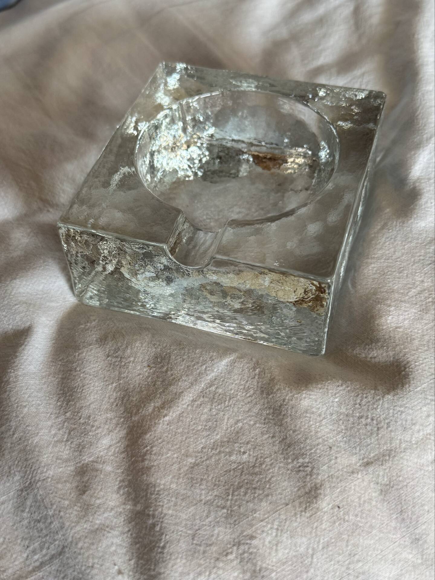 Scandinavian brutalist glass ashtray, minimalist design, 70s