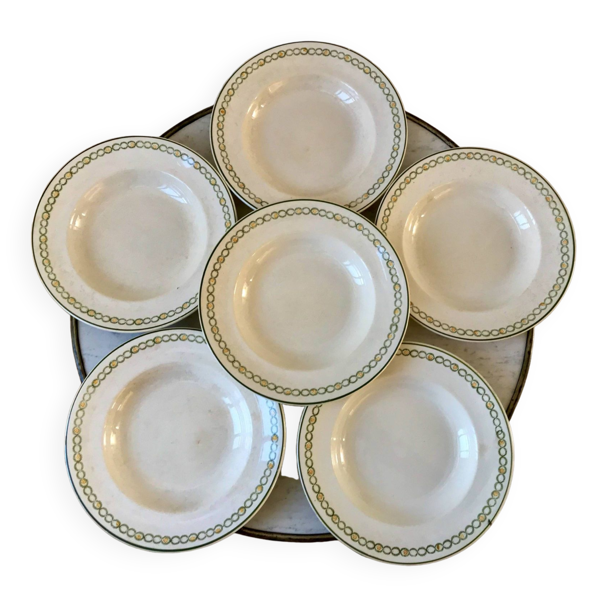 lot of 6 green and orange Longwy Iron Earth hollows from the beginning of the 19th century