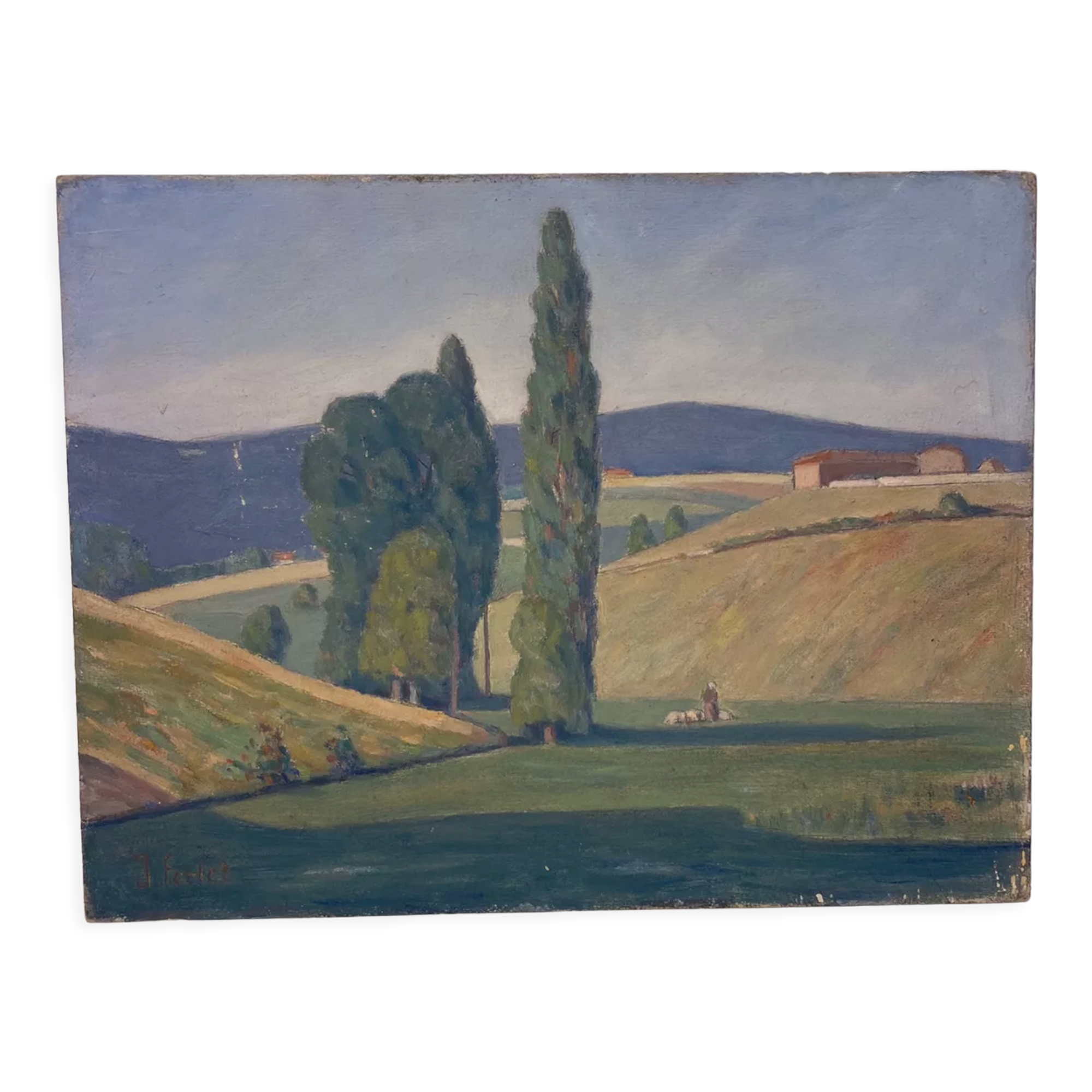 Old painting, landscape Monts du Lyonnais dated 1948 and signed