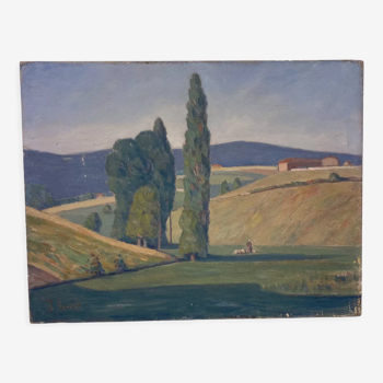 Tableau ancien, paysage Monts du Lyonnais daté 1948 et signé