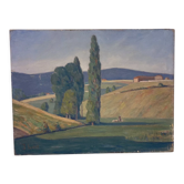 Old painting, landscape Monts du Lyonnais dated 1948 and signed