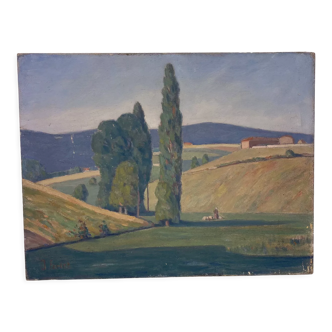Old painting, landscape Monts du Lyonnais dated 1948 and signed