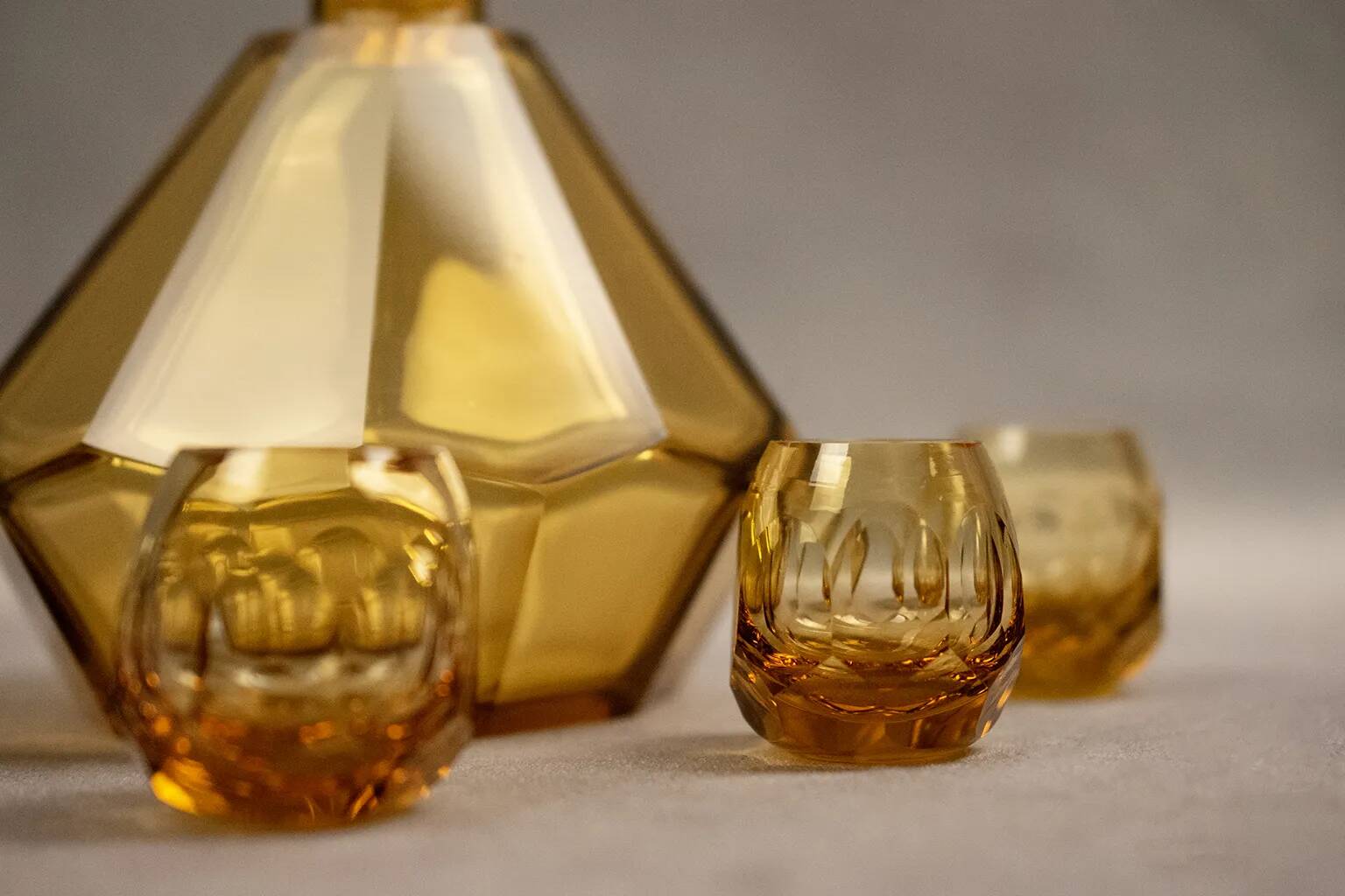 Art Deco Moser liqueur set in frosted orange glass