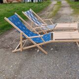 Pair of wood and fabric long chairs