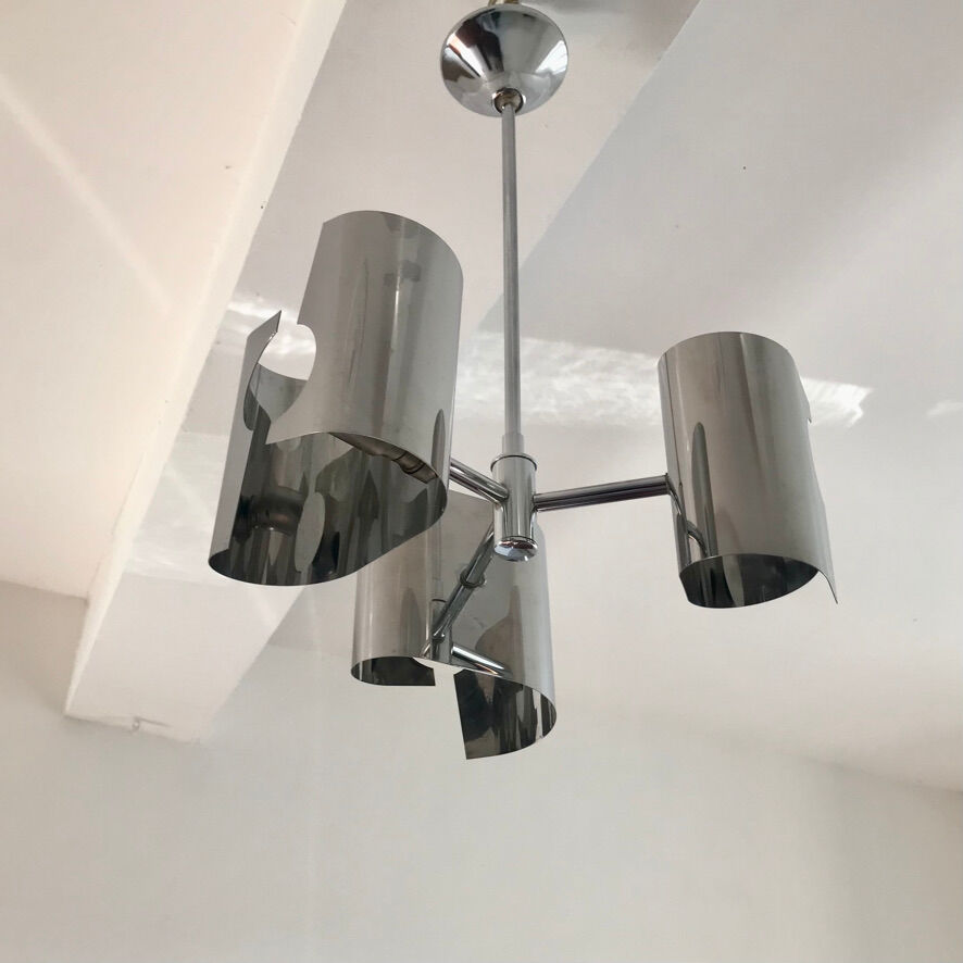 Chandelier in chromed metal and vintage stainless steel
