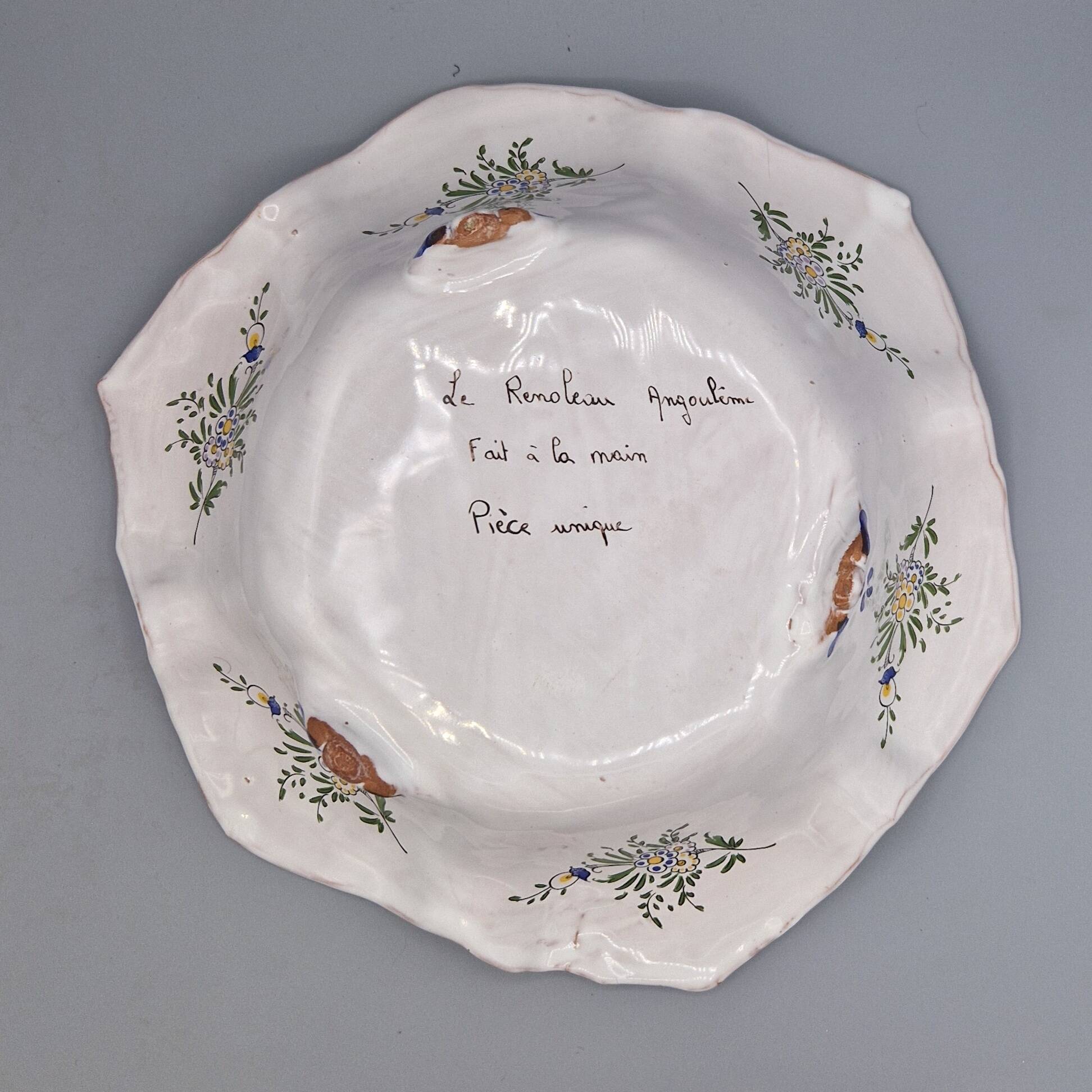 Assiette unique en faïence française vintage de Le Renoleau peinte à la main, 30 cm