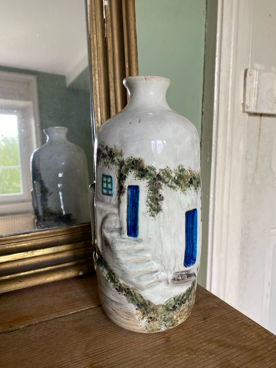 Handcrafted ceramic vase village scene Crete 70s