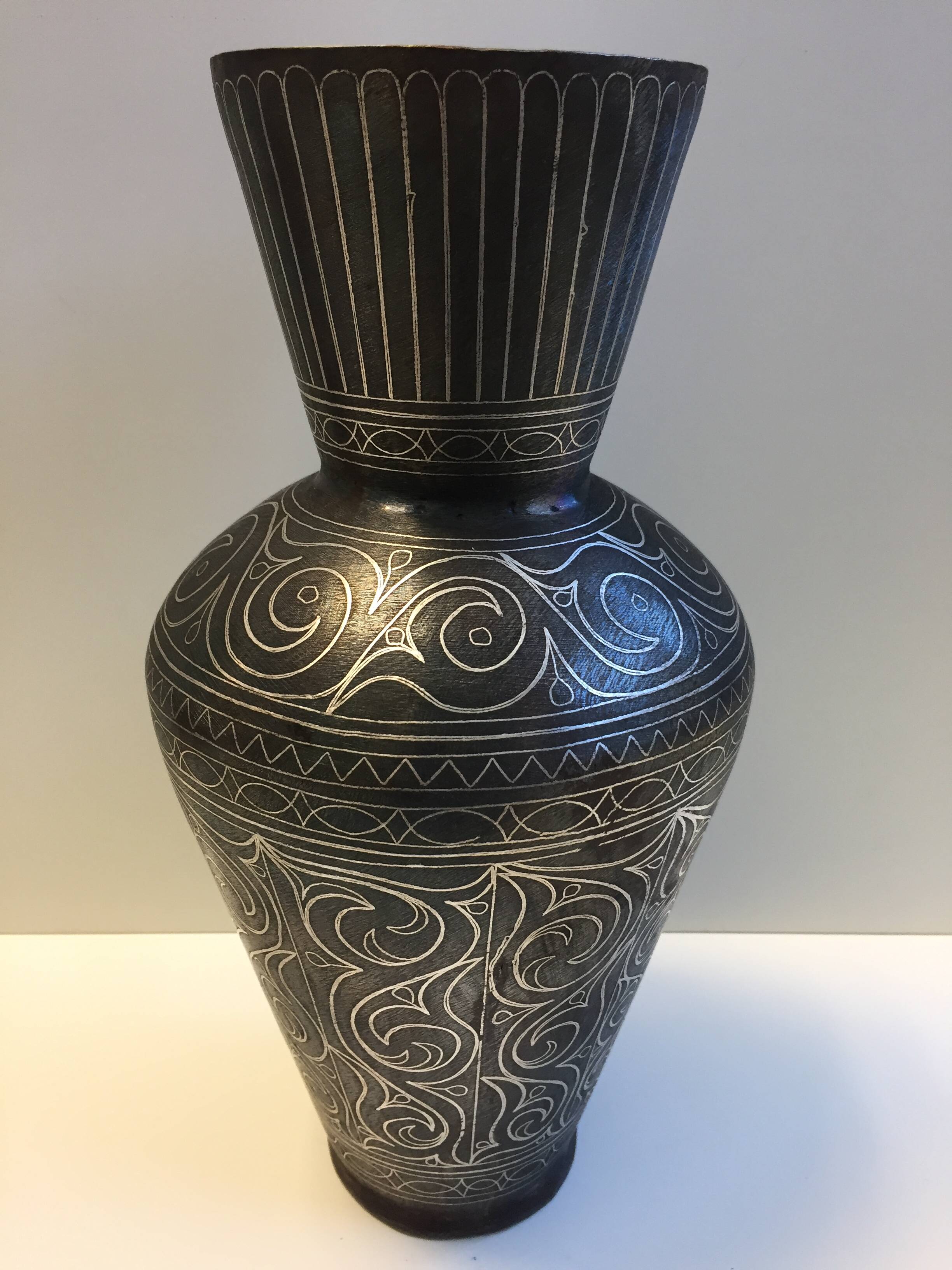 Antique Silver Damascus Steel Vase Indo-Persian Style Moroccan Work