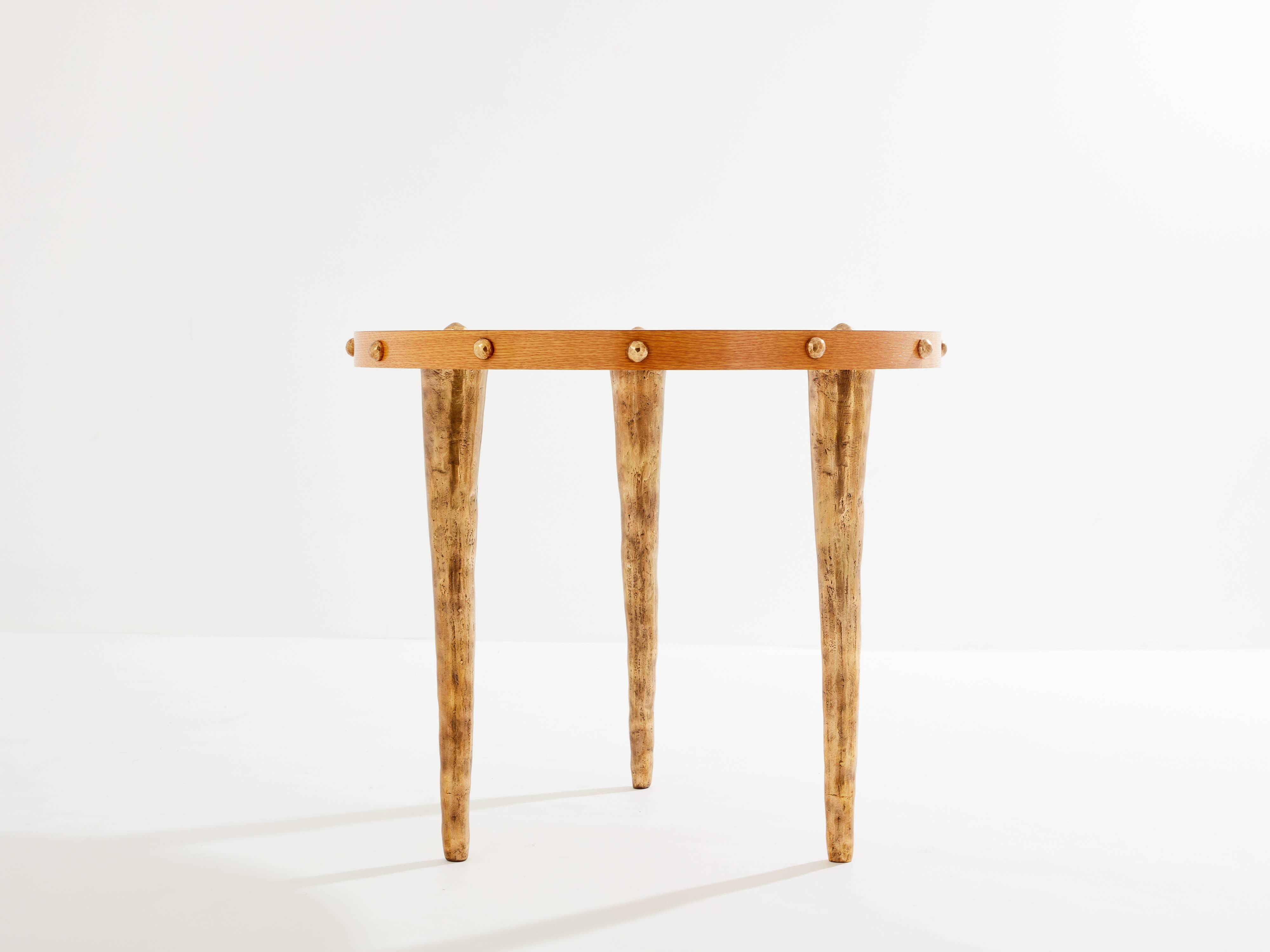 Oak and patinated bronze tripod pedestal table by Garouste & Bonetti 1987