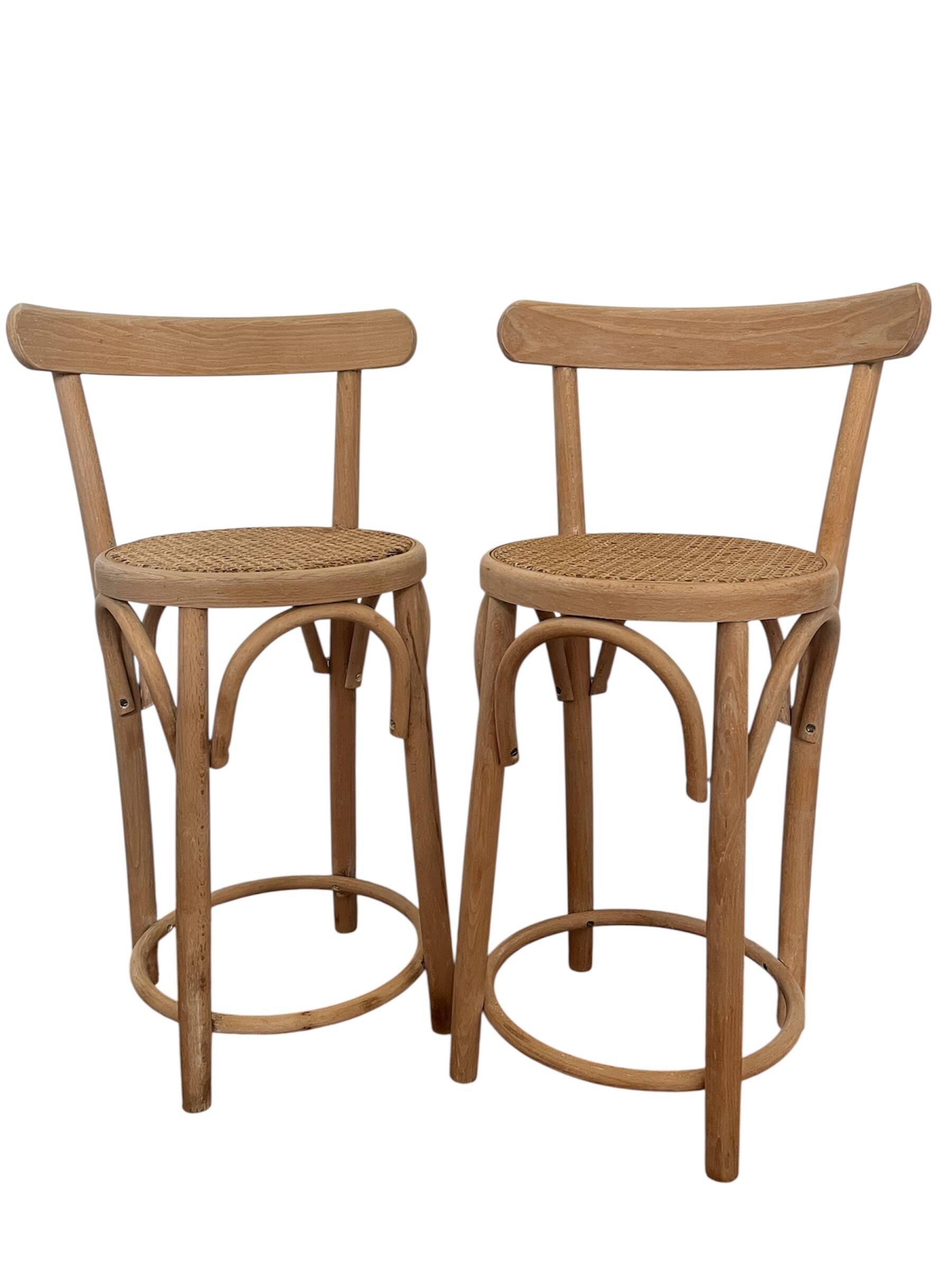 Pair of high chairs, curved wood and caning.
