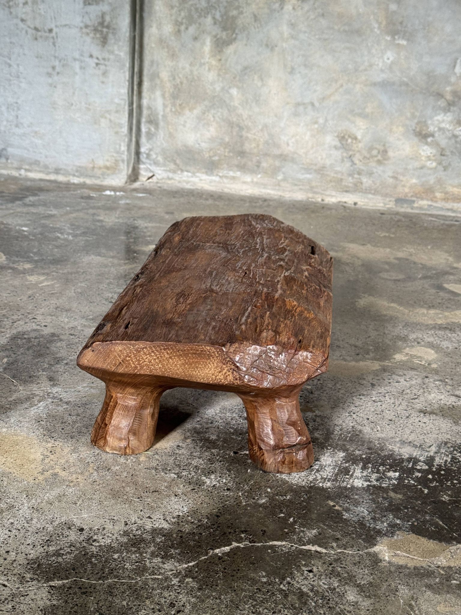 Small stool, footrest in organic blond teak monoxyle wabi-sabi L31