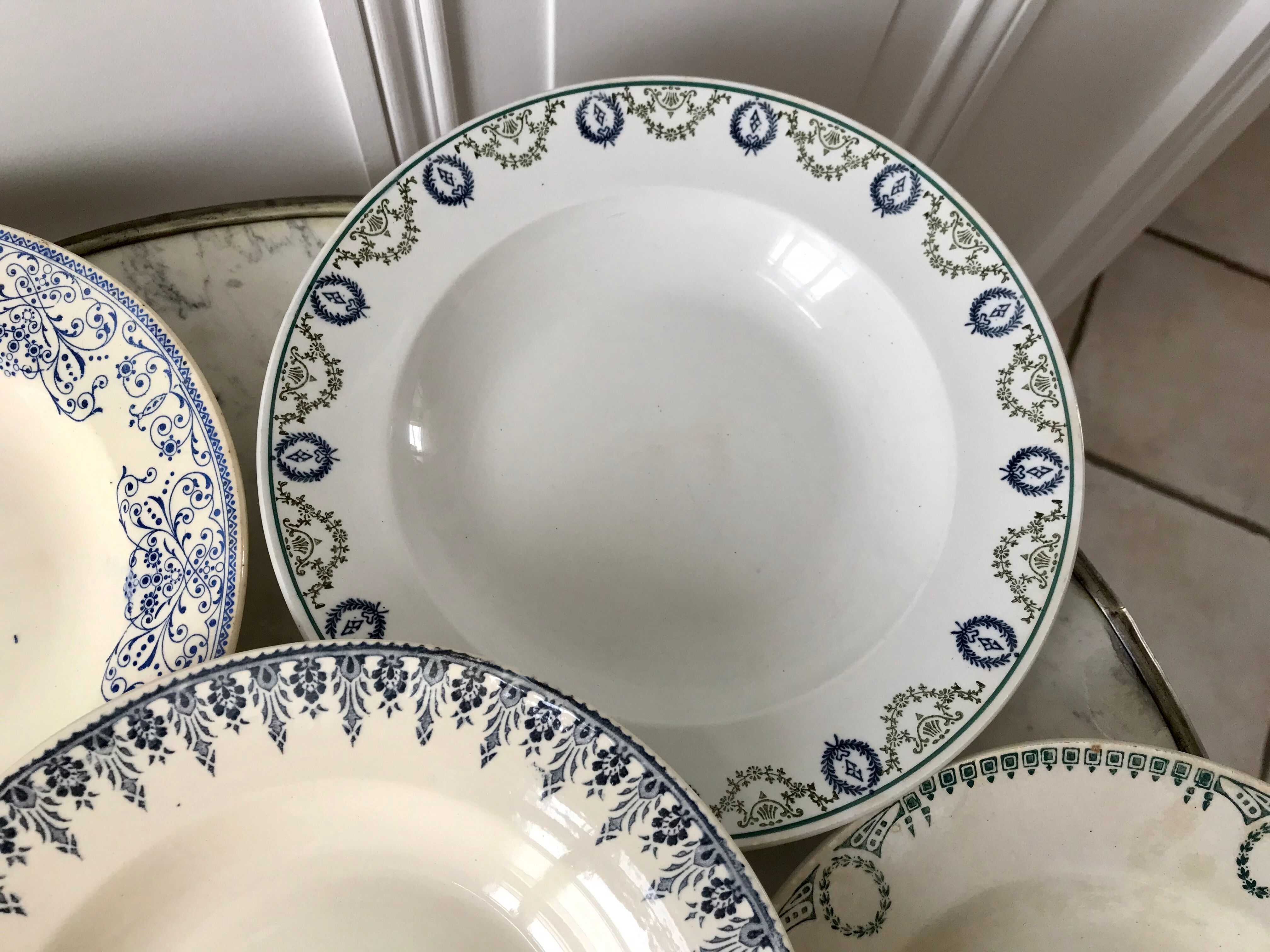 Set of 6 hollow plates Terre de Fer mismatched late nineteenth
