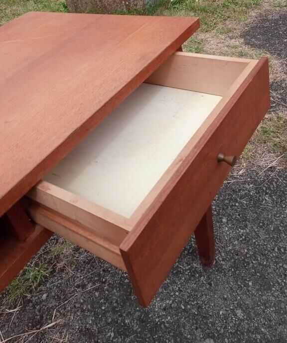 Teak veneer desk, curved feet