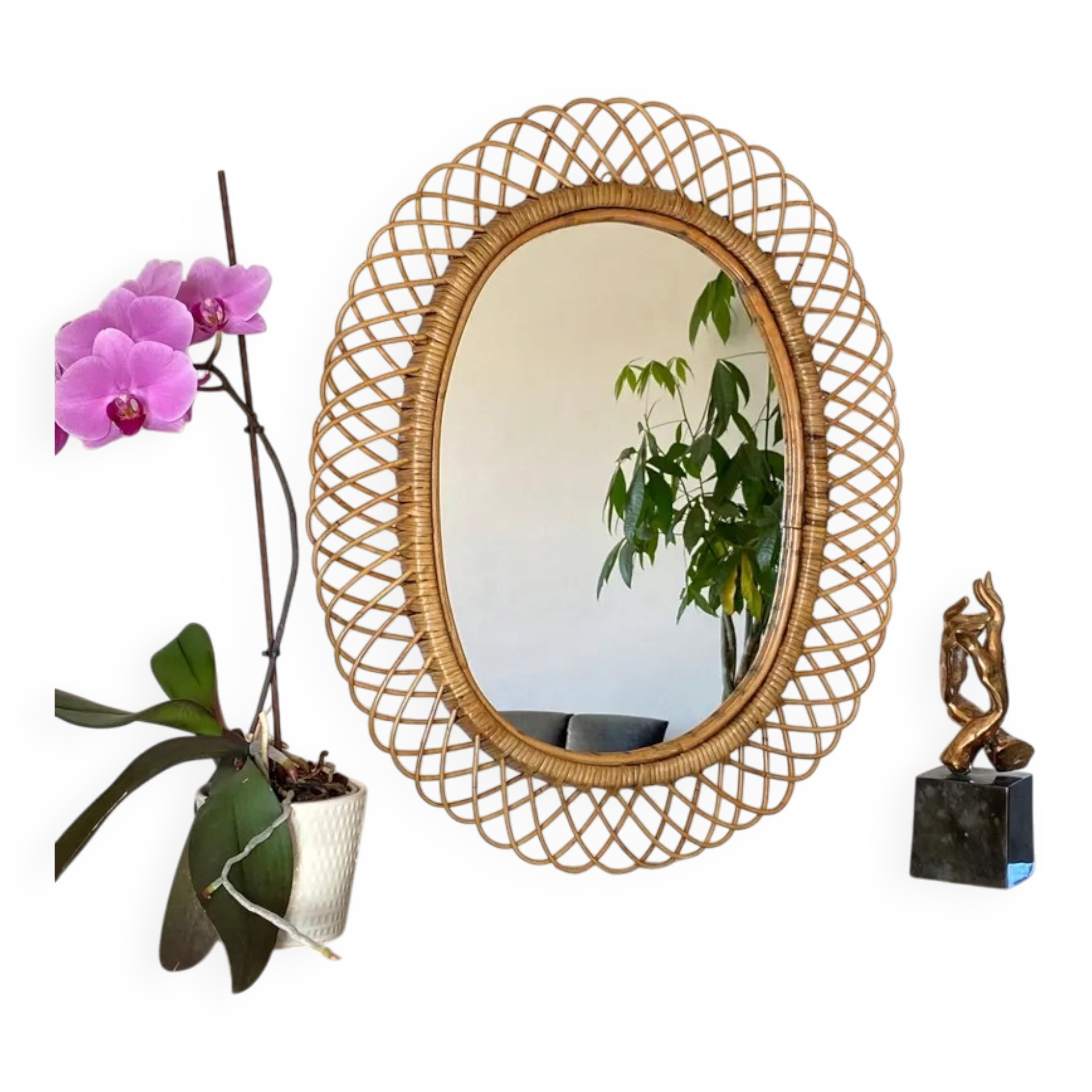 Large mirror by Franco Albini in rattan and bamboo, Italy 1960s.