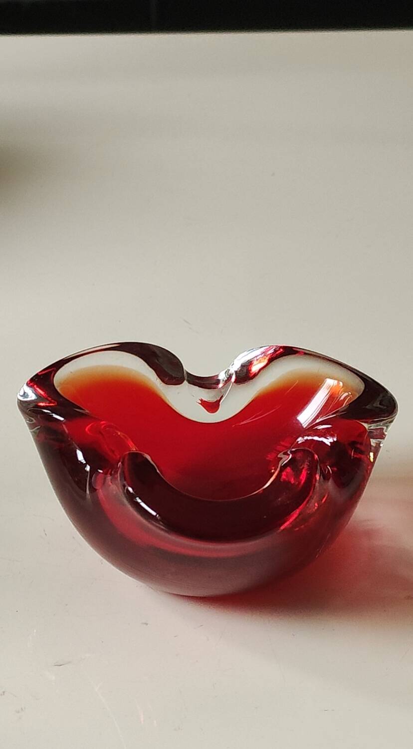 Murano Sommerso Ashtray/Vide Poche. Amber Iridescent Red Glass