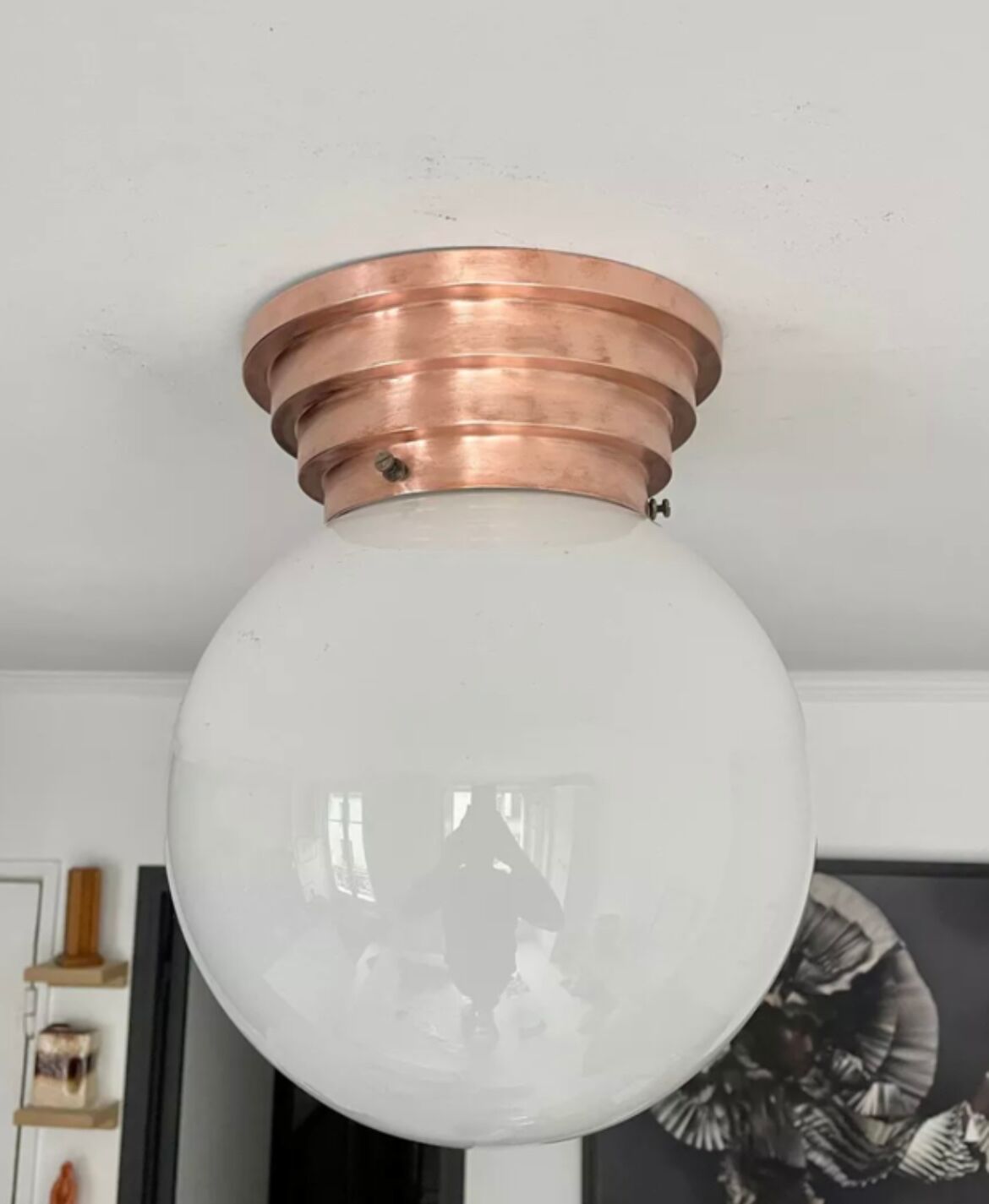 Vintage ceiling lamp, copper and art deco opaline, France 1930