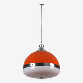 Grande suspension italienne (diamètre 50 cm) orange et blanche Space Age années 1960