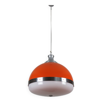 Grande suspension italienne (diamètre 50 cm) orange et blanche Space Age années 1960