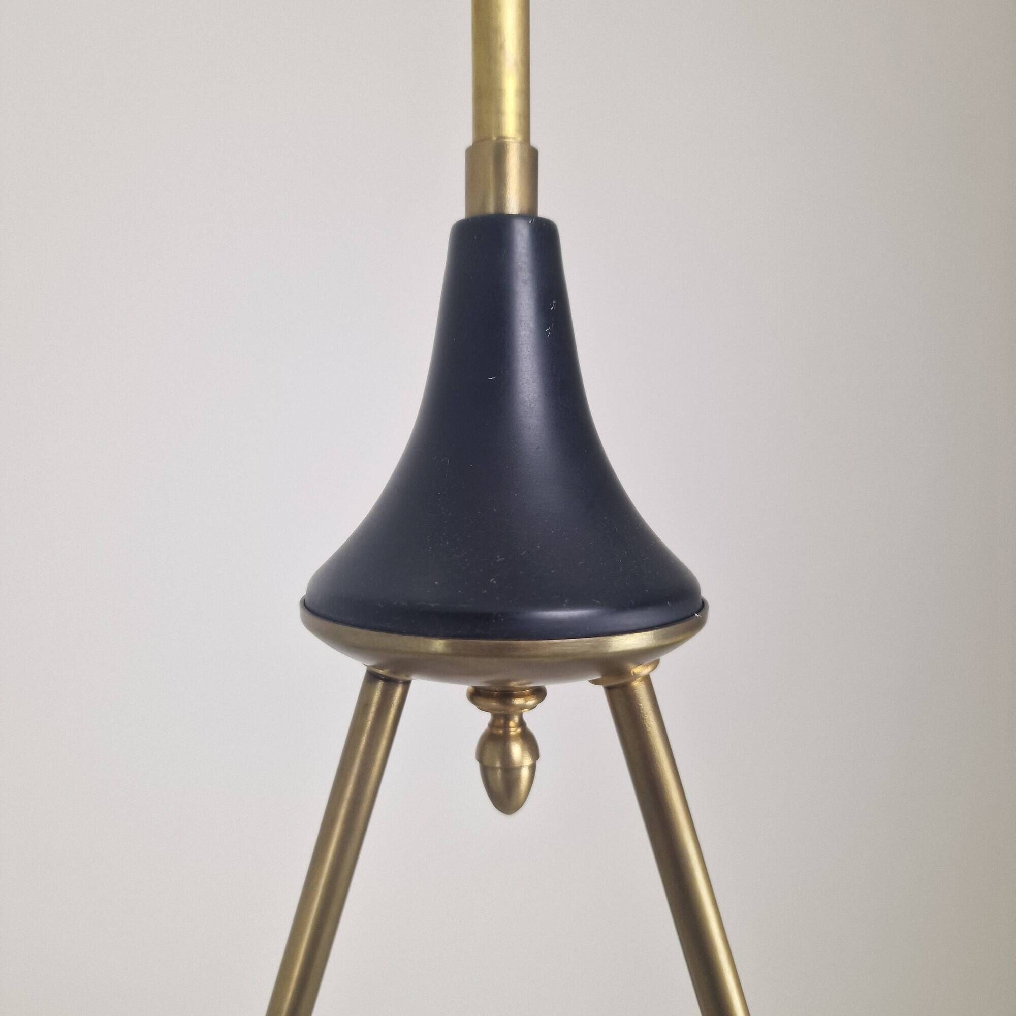 Italian Brass, Teak and Opaline Glass Chandelier by Stilnovo, 1960's
