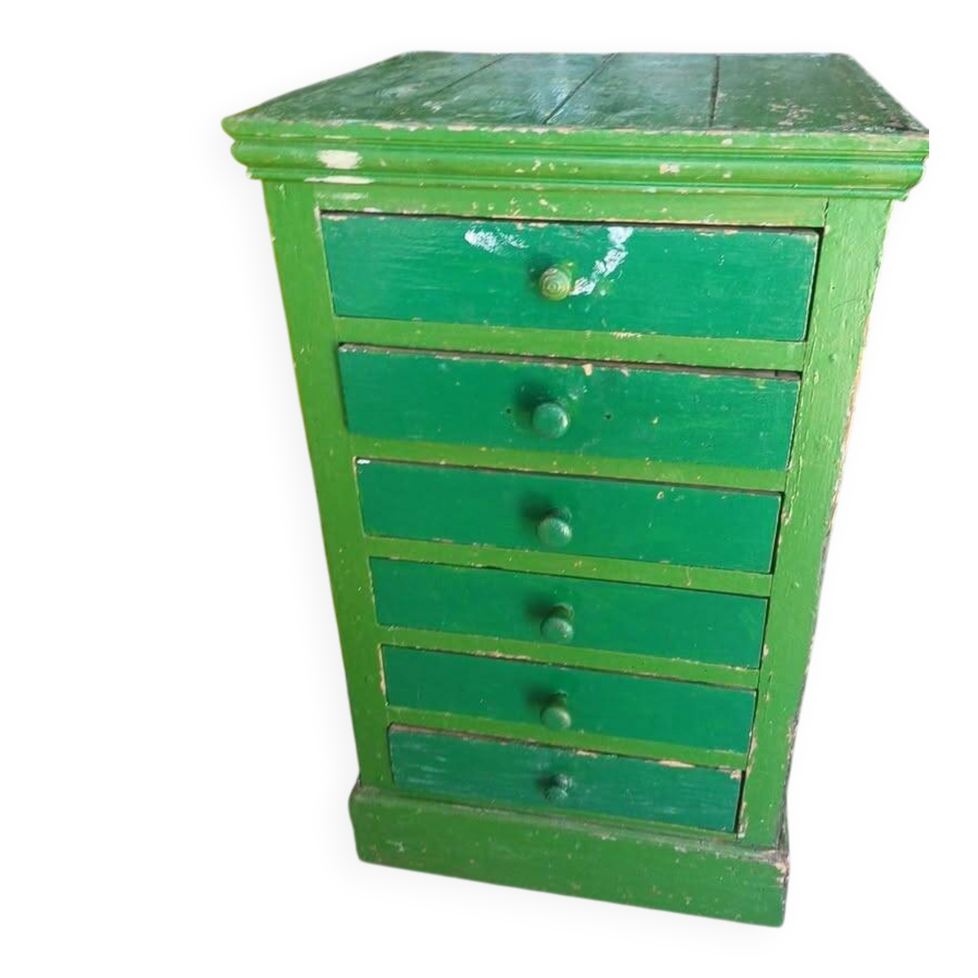 Vintage workshop furniture with 6 green drawers.