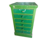 Vintage workshop furniture with 6 green drawers.