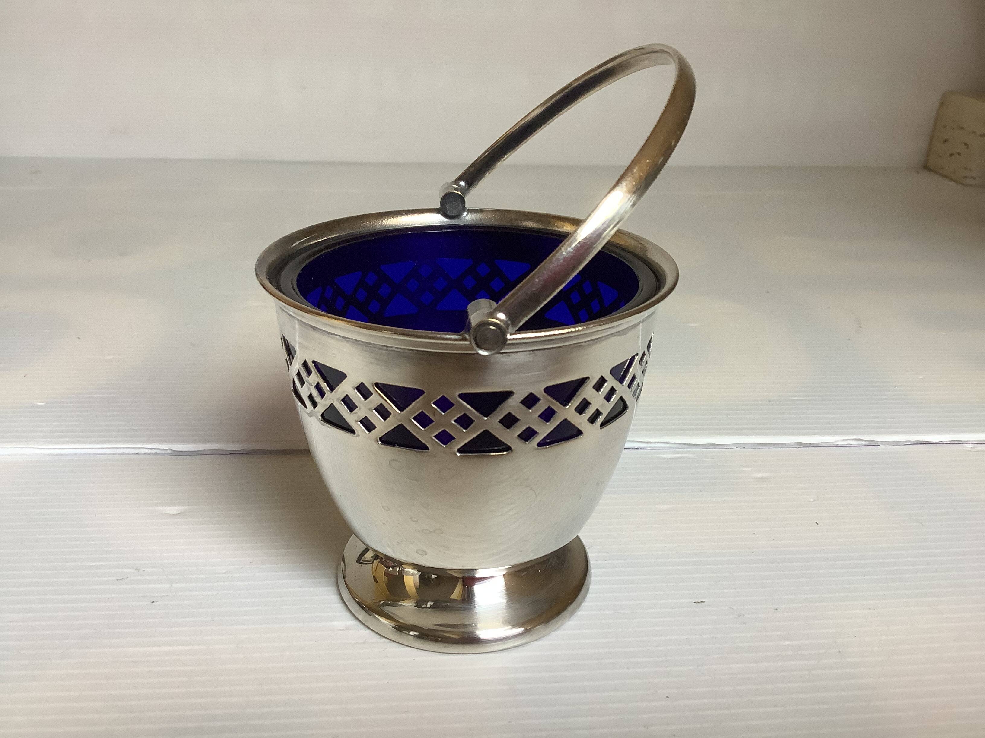 Blue and silver metal sweet jar.