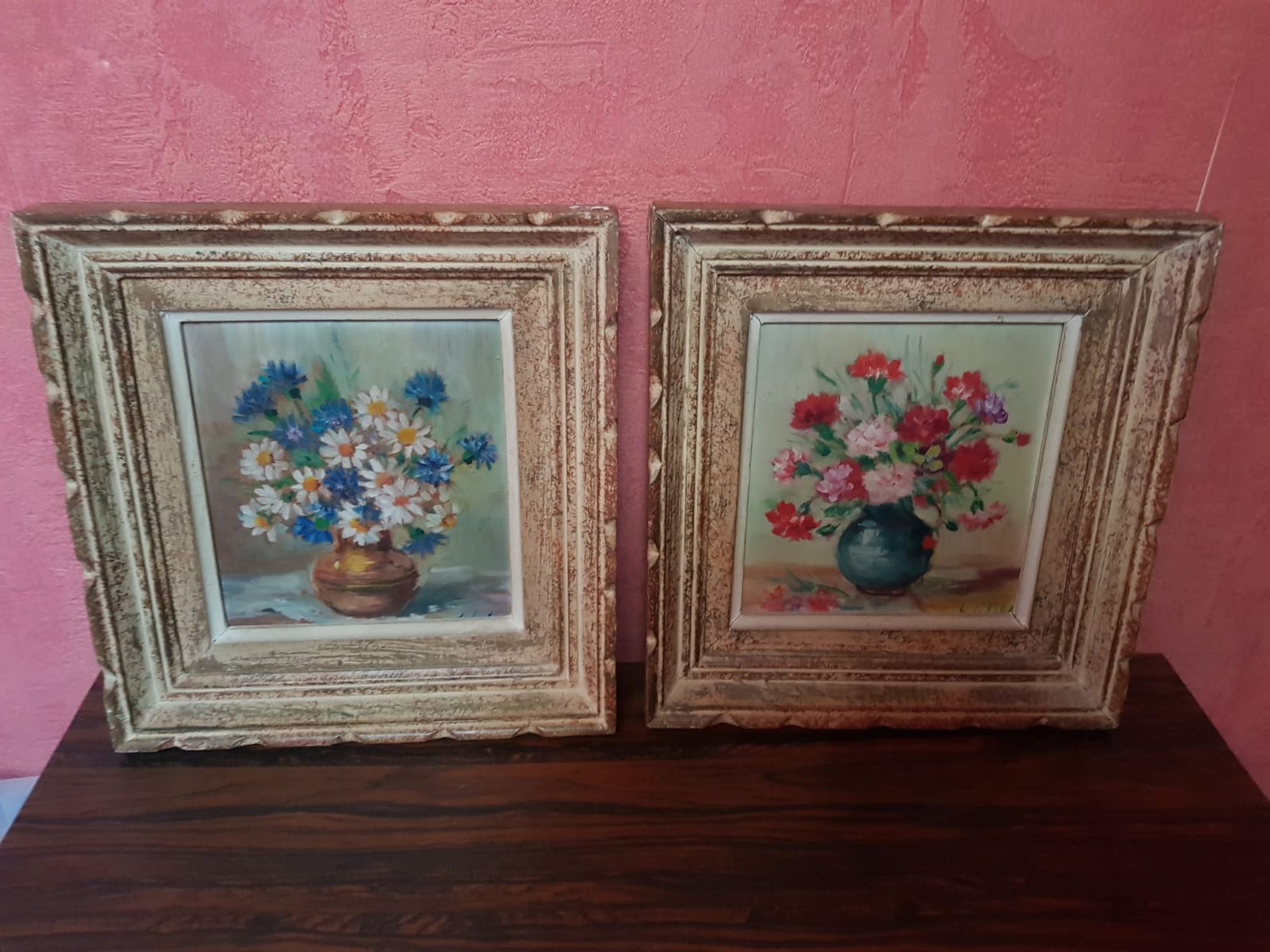 Pair old table c. de fred flower bouquet oil on vintage panel