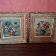 Pair old table c. de fred flower bouquet oil on vintage panel
